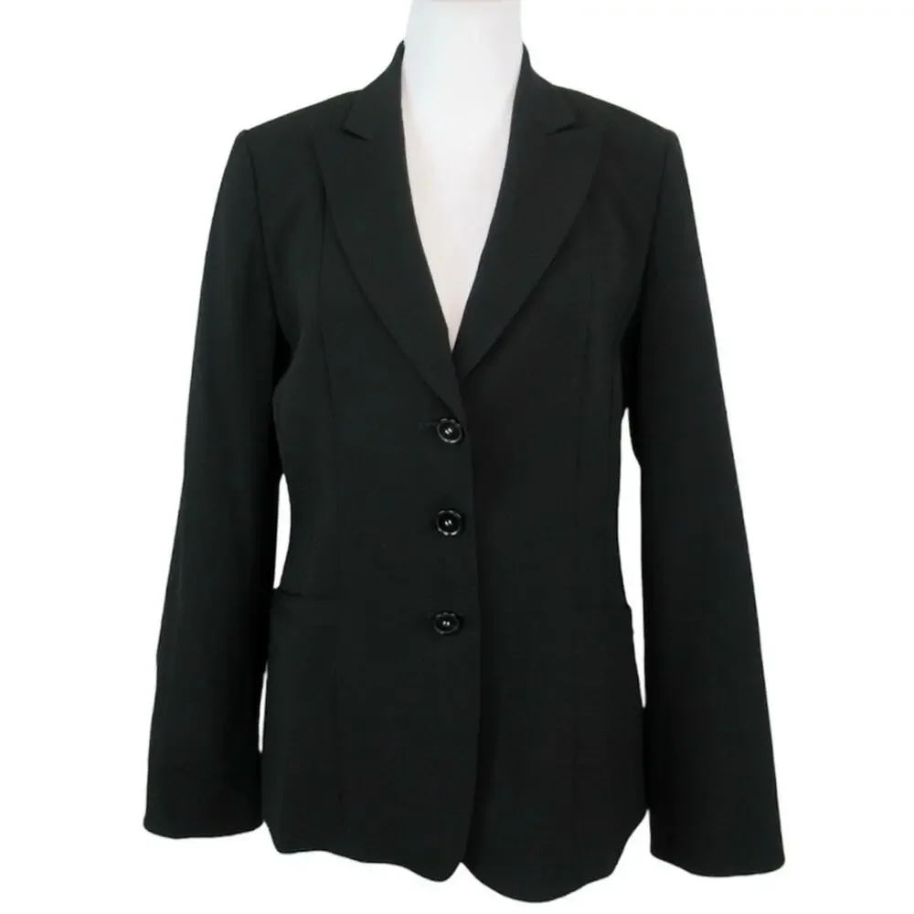 TAHARI Black Three-Button Zigzag Stitch Notch Collar Suit Jacket Blazer Size 14